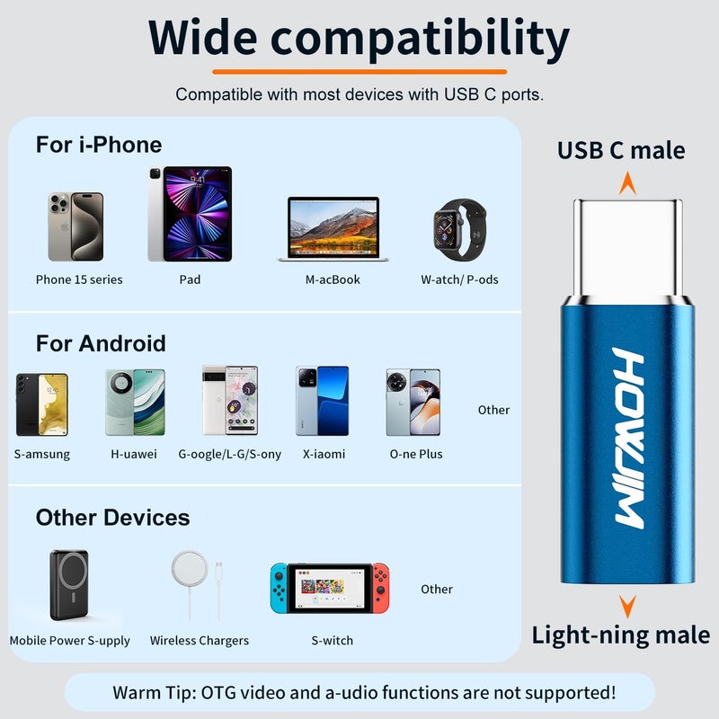 HOWJIM Light-ning to USB C Adapter 2Pack,PD/QC Fast Charging Data Transfer,USB C Charger Converter Cable for Phone 17/16/15 Serie,Pad Pro,G-alaxy,X-peria,Not for Headphones/OTG/Flash Drive/A-pple Pencil Blue - Image 4